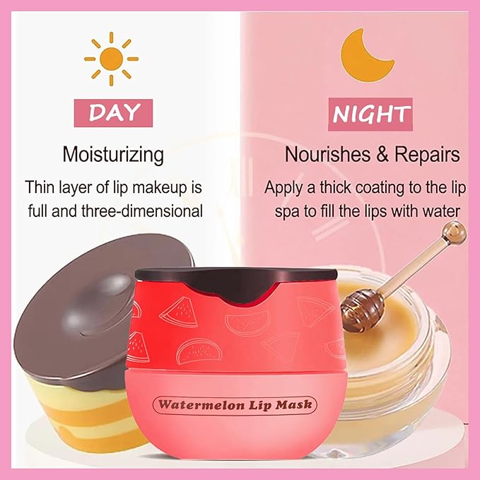 1 PCS Bee Lip Balm Lip Mask Honey Pot, Watermelon Moisturizing Sleeping Lip Mask Overnight with Sticks, Lip Balm Honey Pot Lip Balm Hydrating Prevention Dry and Crack Lip Scrubs Exfoliator-FemmiqueWomen