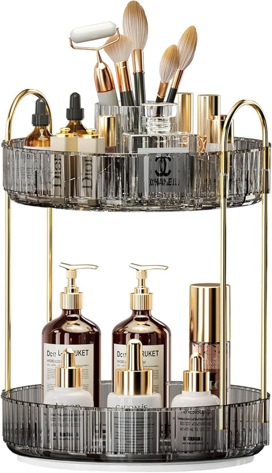 360° Rotating Makeup Organizer, Large-Capacity Skincare Make Up Storage 2 Tier Perfume Organizers Cosmetic Dresser Organizer with Makeup Brush Holder, Fits Bedroom, Bathroom, Vanity Shelf Countertop-FemmiqueWomen