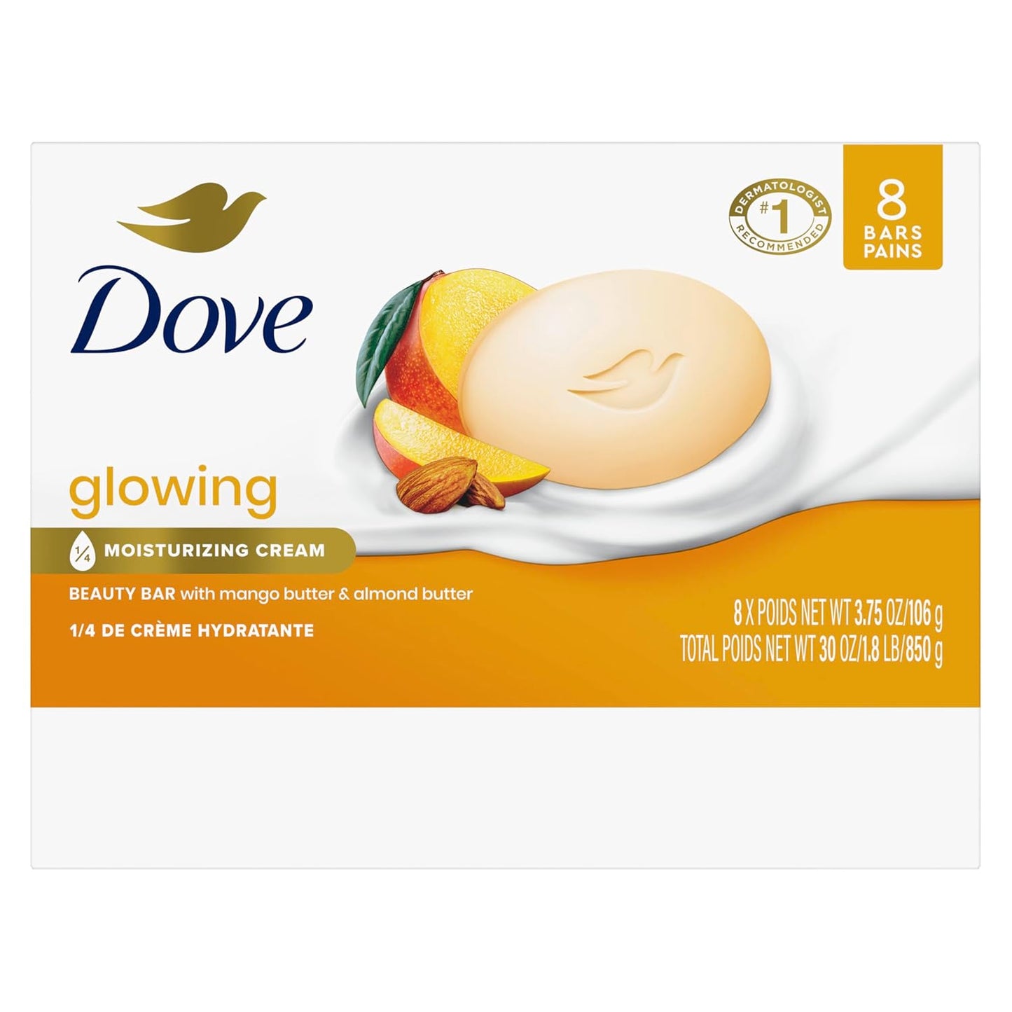Dove Beauty Bar Soap Glowing Mango & Almond Butters, 8 Bars for Radiant Skin, Illuminates Skin 3.75 oz-FemmiqueWomen
