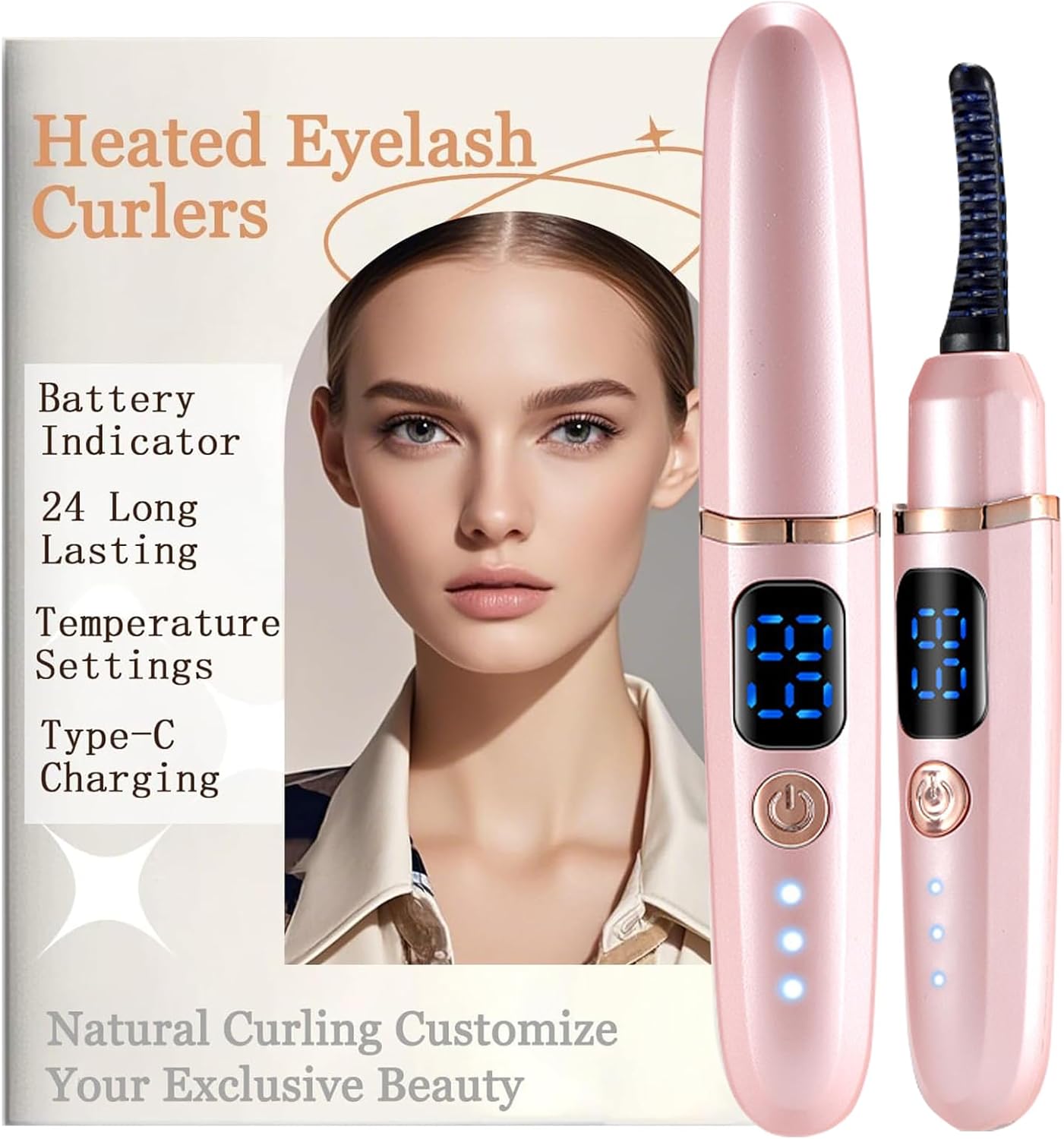 Heated Eyelash Curlers with Battery Indicator, Electric Eyelash Curler 3 Temperature Modes LED Display USB Rechargeable Makeup Tools, Heated Lash Curler Ideal Christmas Gift for Women (Pink)-FemmiqueWomen