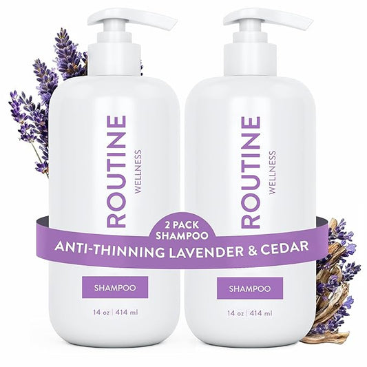 Routine Wellness Anti-Thinning Shampoo for Thinning Hair - Biotin DHT Blocker Women & Men - Color Safe Shampoo for Hair Loss & Healthy Hair - Lavender & Cedar 14oz (Pack of 2)-FemmiqueWomen