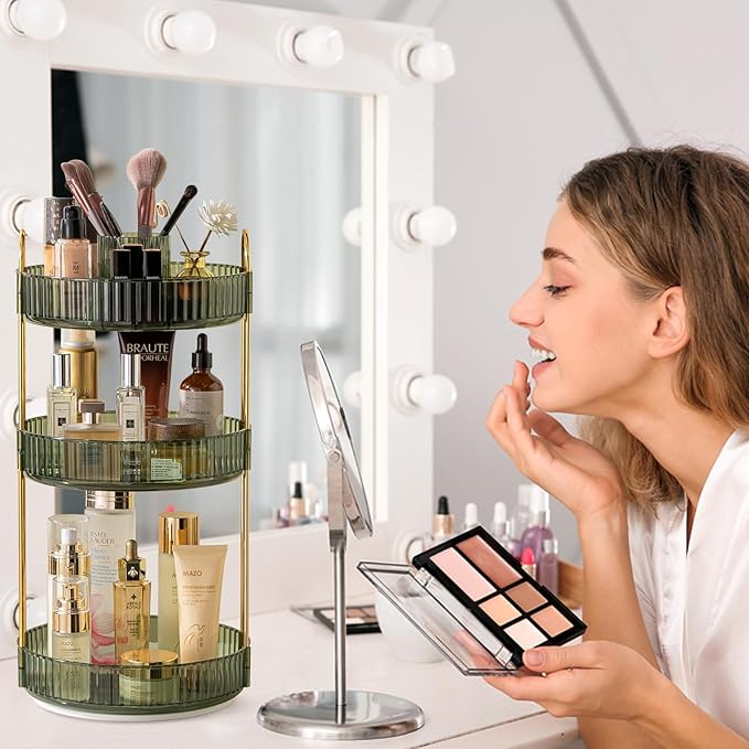 Rotating Makeup Organizer for Vanity, High-Capacity Skincare Clear Make Up Storage Perfume Organizers Cosmetic Dresser Organizer Countertop 360 Spinning (Green, New-3 Tier)-FemmiqueWomen