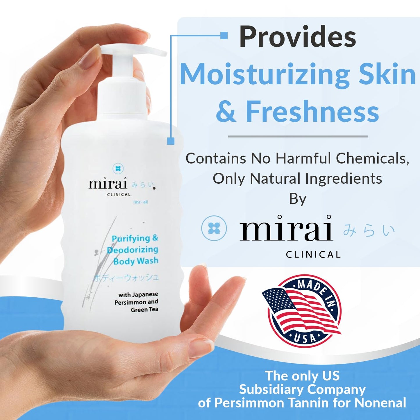 Mirai Clinical Body Wash for Strong Body Odor - Renewing Body Purifying & Deodorizing with Natural Persimmon & Green Tea Extracts - Nonenal Eliminator for Women & Men - 9.29 Fl oz-FemmiqueWomen