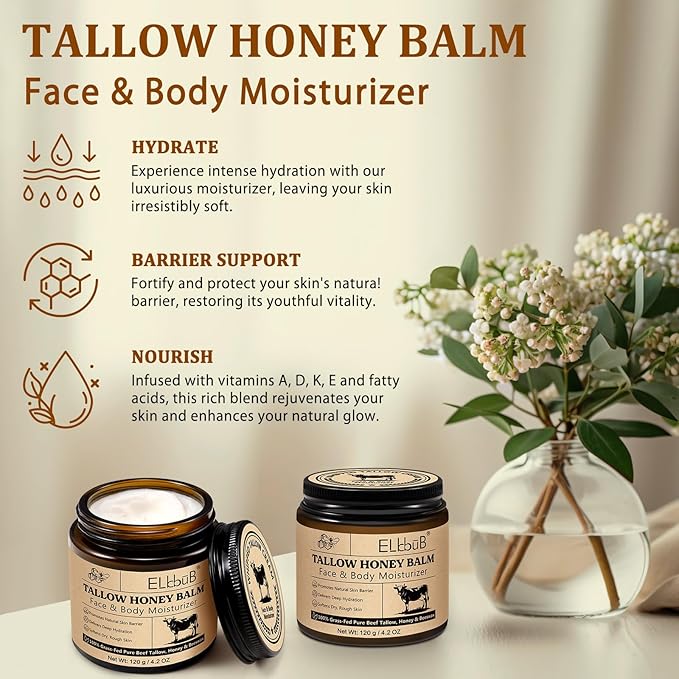 Whipped Tallow Cream for Face & Body - 100% Grass-Fed Beef Tallow, Natural Honey & Beeswax Moisturizer, Deep Hydration & Nourishment, Oil-Free & Unscented, Fast Absorbing-FemmiqueWomen