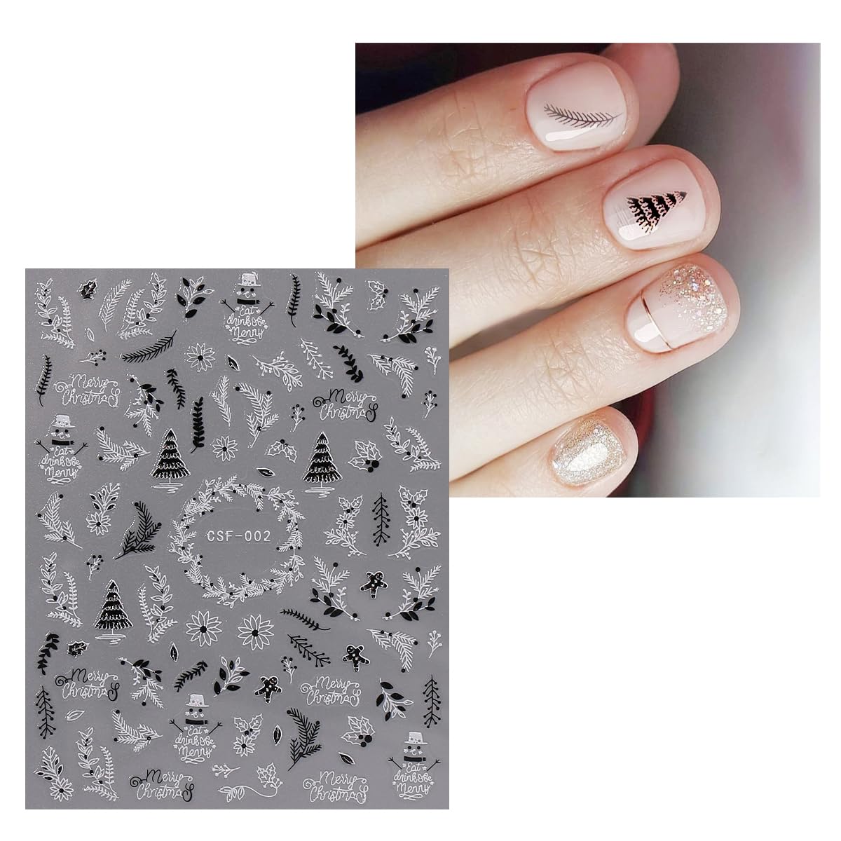 JMEOWIO 9 Sheets Christmas Glitter Nail Art Stickers Decals Self-Adhesive White Black Nail Supplies Nail Art Design Decoration Accessories-FemmiqueWomen