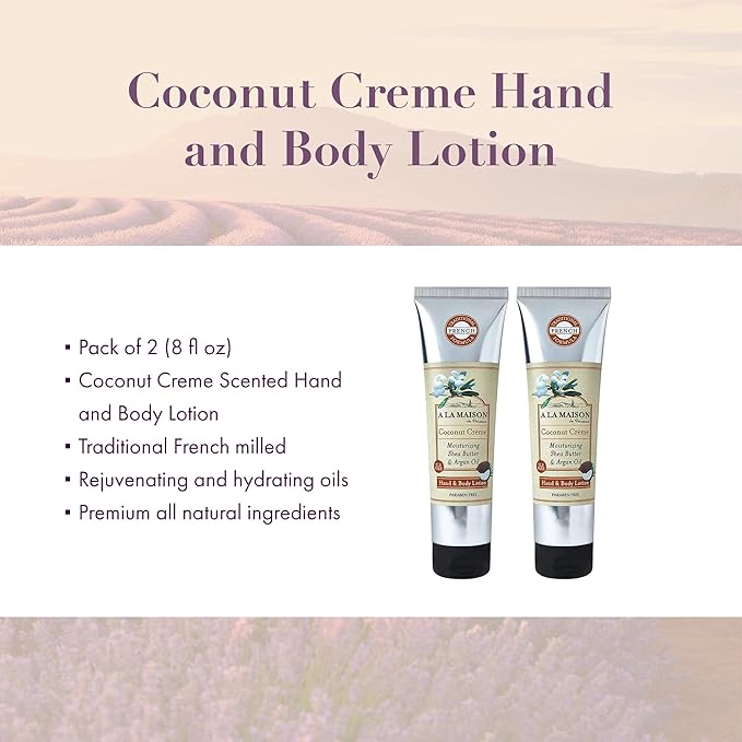 A LA MAISON Moisturizing Lotion, Coconut Creme - Uses: Hand and Body, Argan Oil, Pure Shea Butter, Essential Oils, Plant Based, Cruelty-Free, SLS and Paraben Free-FemmiqueWomen