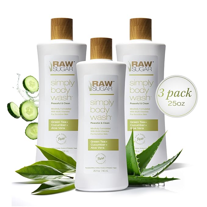 RAW SUGAR Sensitive Skin Simply Body Wash - Green Tea + Cucumber + Aloe Vera, Moisturizing & Brightening Bath & Shower Gel, Sulfate-Free, Paraben-Free & Vegan (Pack of 3)-FemmiqueWomen
