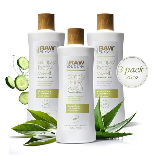 RAW SUGAR Sensitive Skin Simply Body Wash - Green Tea + Cucumber + Aloe Vera, Moisturizing & Brightening Bath & Shower Gel, Sulfate-Free, Paraben-Free & Vegan (Pack of 3)-FemmiqueWomen