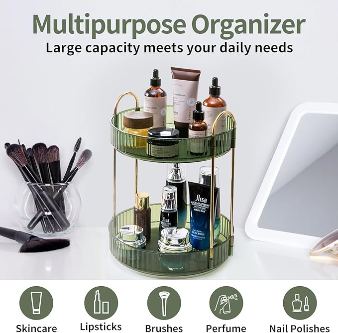 360 Rotating Makeup Organizer for Vanity,2 Tier Large Capacity Skincare Organizers,Bathroom Counter Organizer, Spinning Perfume Organizer & Vanity Organizer (Green-2 Tier)-FemmiqueWomen