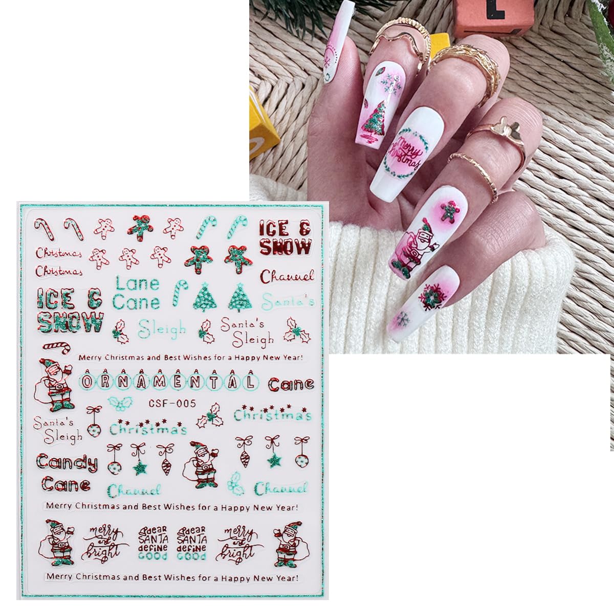 JMEOWIO 9 Sheets Christmas Glitter Nail Art Stickers Decals Self-Adhesive Green Red Snowflake Winter Holiday Nail Supplies Nail Art Design Decoration Accessories-FemmiqueWomen