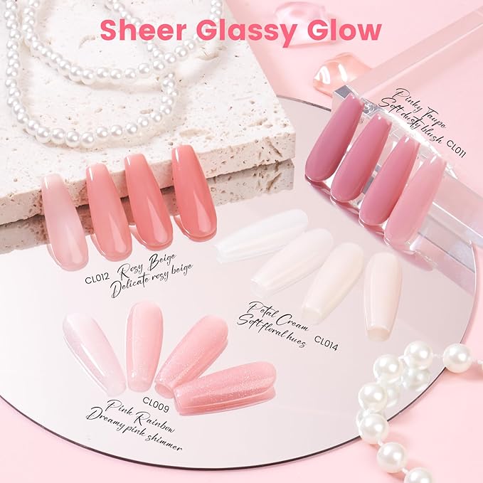 Jelly Gel Nail Polish Kit with U V Light, Hema-Free Milky Nude Sheer White Pink Gliter Gel Polish Set with Base & Top Coat Chrome Nail Powder, 4 Colors Mini Salon Nail Art Starter Gift for Women Girl-FemmiqueWomen