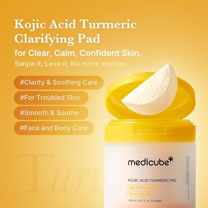 medicube Kojic Acid Turmeric Clarifying Toner Pad for Troubled Skin & Use After Spot Care | Soothing & Calming with Kojic Acid, Turmeric, Niacinamide, and Glycolic Acid | Korean Skin Care, 70 Pads-FemmiqueWomen