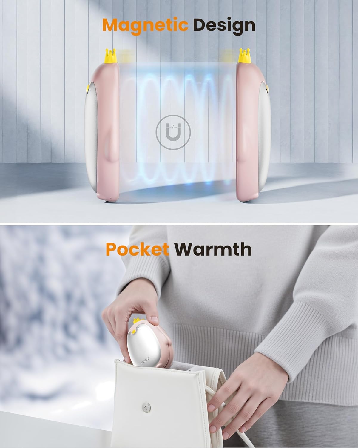 Gaiatop Magnetic Hand Warmers Rechargeable 2 Pack, 3 Settings Pocket-Sized Cute Penguin, Fast Hot Hands Reusable Portable Electric Heater for Camping Hunting Golf, Gifts for Women Men-FemmiqueWomen