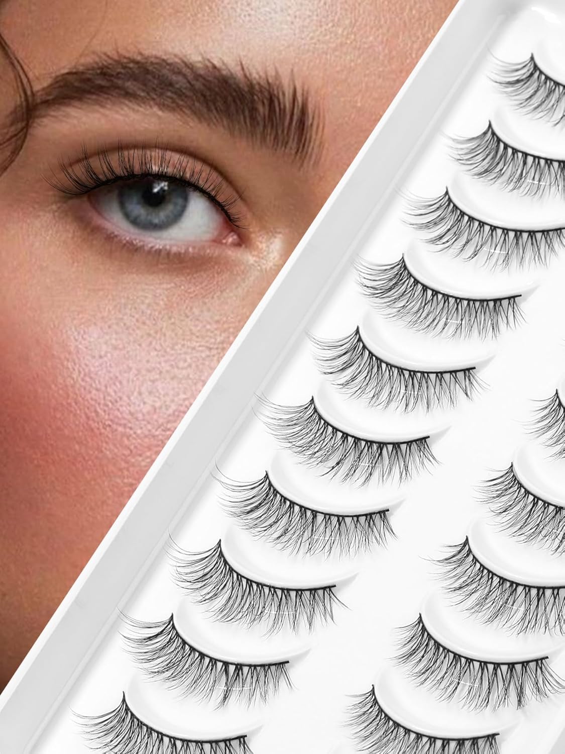 Eyelashes Natural Cat Eye Lashes False Eyelashes Wispy Lashes C Curl Flared Eye Lashes Pack Cat Eyelashes Soft Strip Lashes 12mm Lash Strips Siligli 10 Pair-FemmiqueWomen