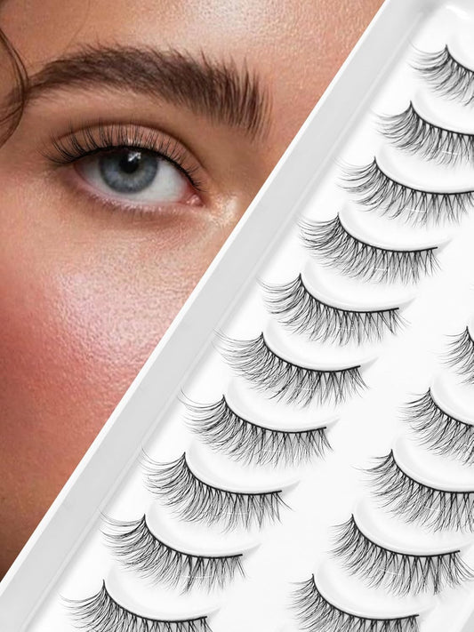Eyelashes Natural Cat Eye Lashes False Eyelashes Wispy Lashes C Curl Flared Eye Lashes Pack Cat Eyelashes Soft Strip Lashes 12mm Lash Strips Siligli 10 Pair-FemmiqueWomen