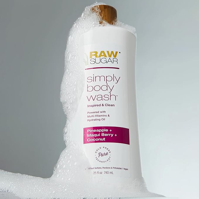 RAW SUGAR Simply Body Wash Variety Trio (25 Fl Oz, Pack of 3) Vegan Bath & Shower Gel, Raw Coconut + Mango, Pineapple + Maqui Berry + Coconut and Watermelon + Fresh Mint, No Sulfates & Parabens-FemmiqueWomen