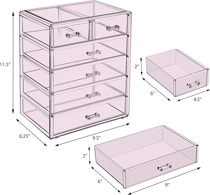 Sorbus Acrylic Makeup Organizer - Organization and Storage Case for Cosmetics Make Up & Jewelry - Big Clear Makeup Organizer for Vanity, Bathroom, College Dorm, Closet, Desk (4 Large, 2 Small Drawers)-FemmiqueWomen