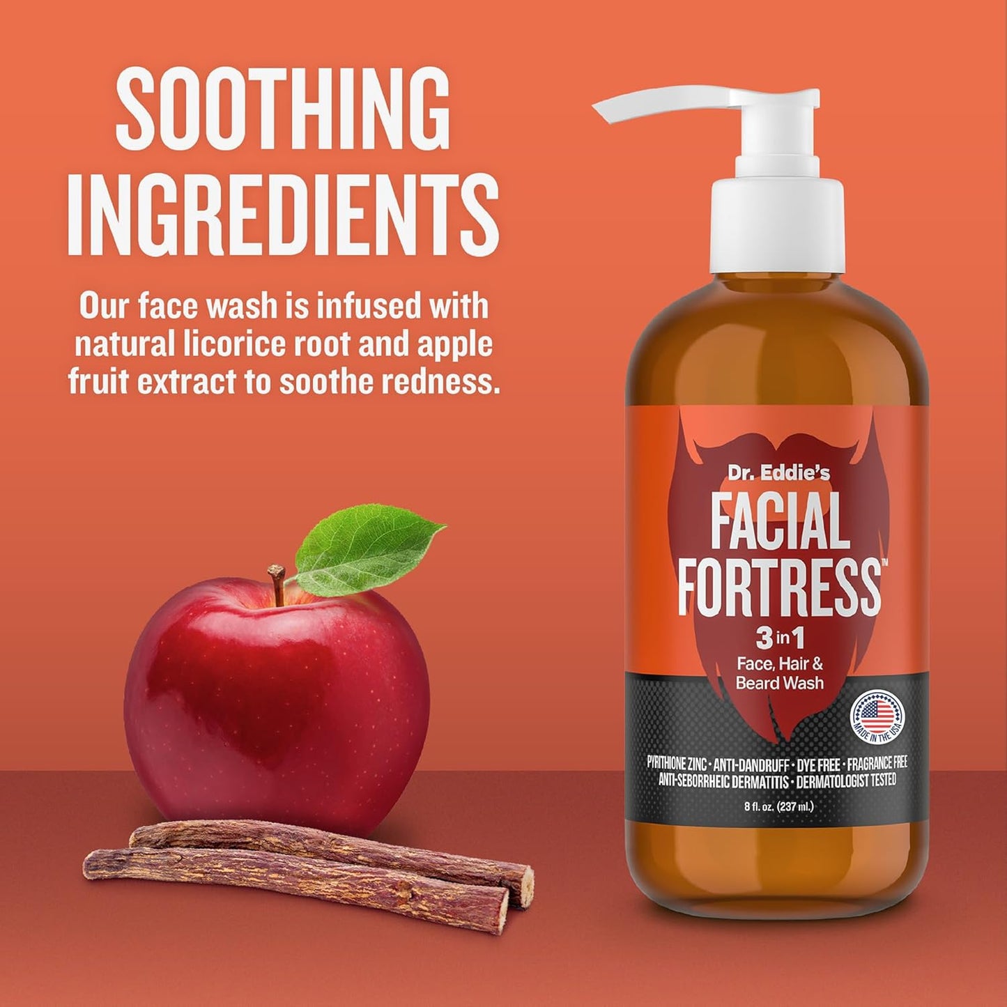 Dr. Eddie's Facial Fortress 3 in 1 Face, Hair, & Beard Wash - Beard Dandruff Shampoo for Men, Beard Cleanser, Face Wash, Beard Care, Face Soap with Pyrithione Zinc - 8 Fl Oz (Pack of 1)-FemmiqueWomen