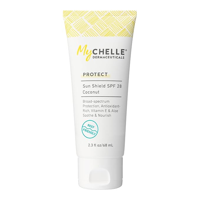 MyCHELLE Dermaceuticals Sun Shield SPF 28 Coconut (2.3 Fl Oz) - Soothing Reef Safe Sunscreen with Vitamin E and Aloe - Travel Size Zinc Sunscreen for Face and Body-FemmiqueWomen