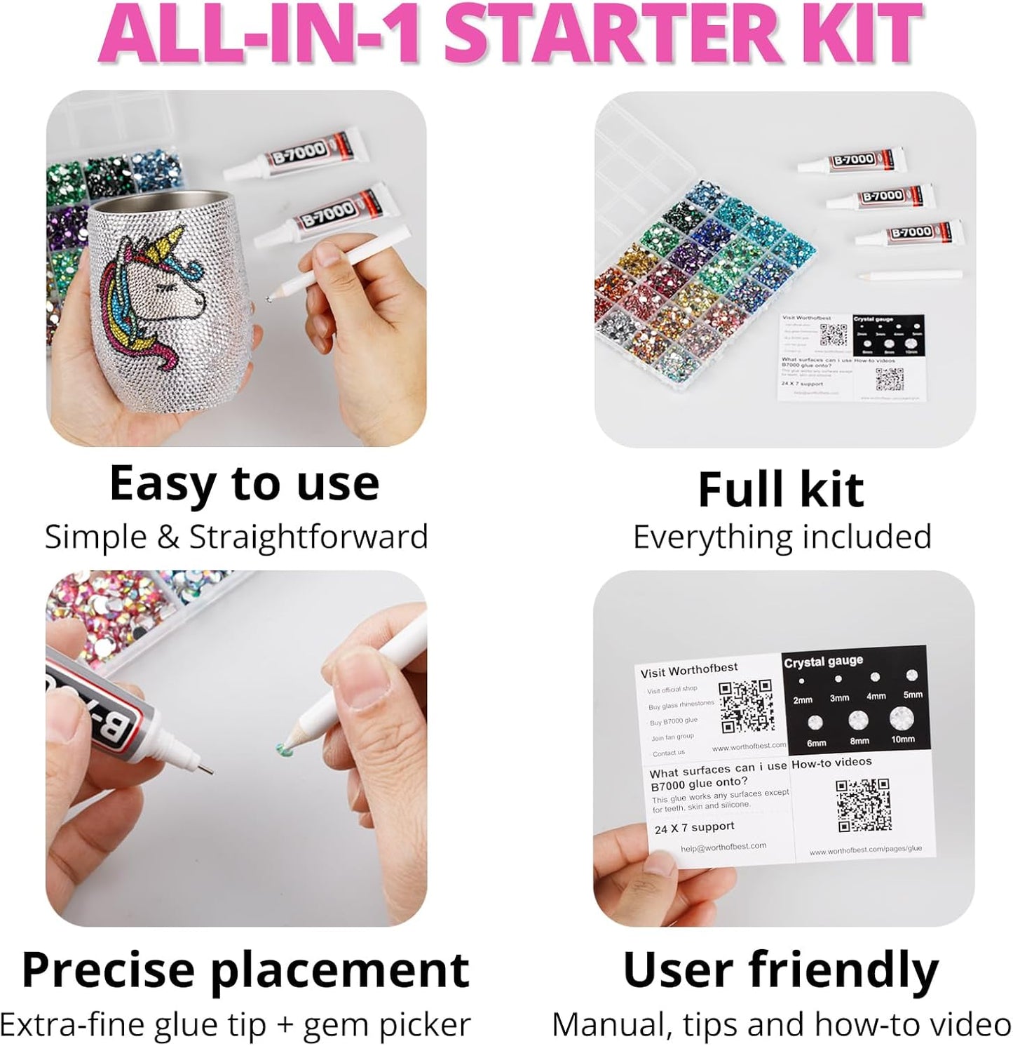 30000Pcs Resin Jelly Rhinestones Set for Crafting Bedazzling, Hot Pink AB Flatback Gems Jewels for Crafts Clothes Shoes Fabric Outfit Makeup, Flat Back Crystal 2-6mm with b 7000 Glue-FemmiqueWomen