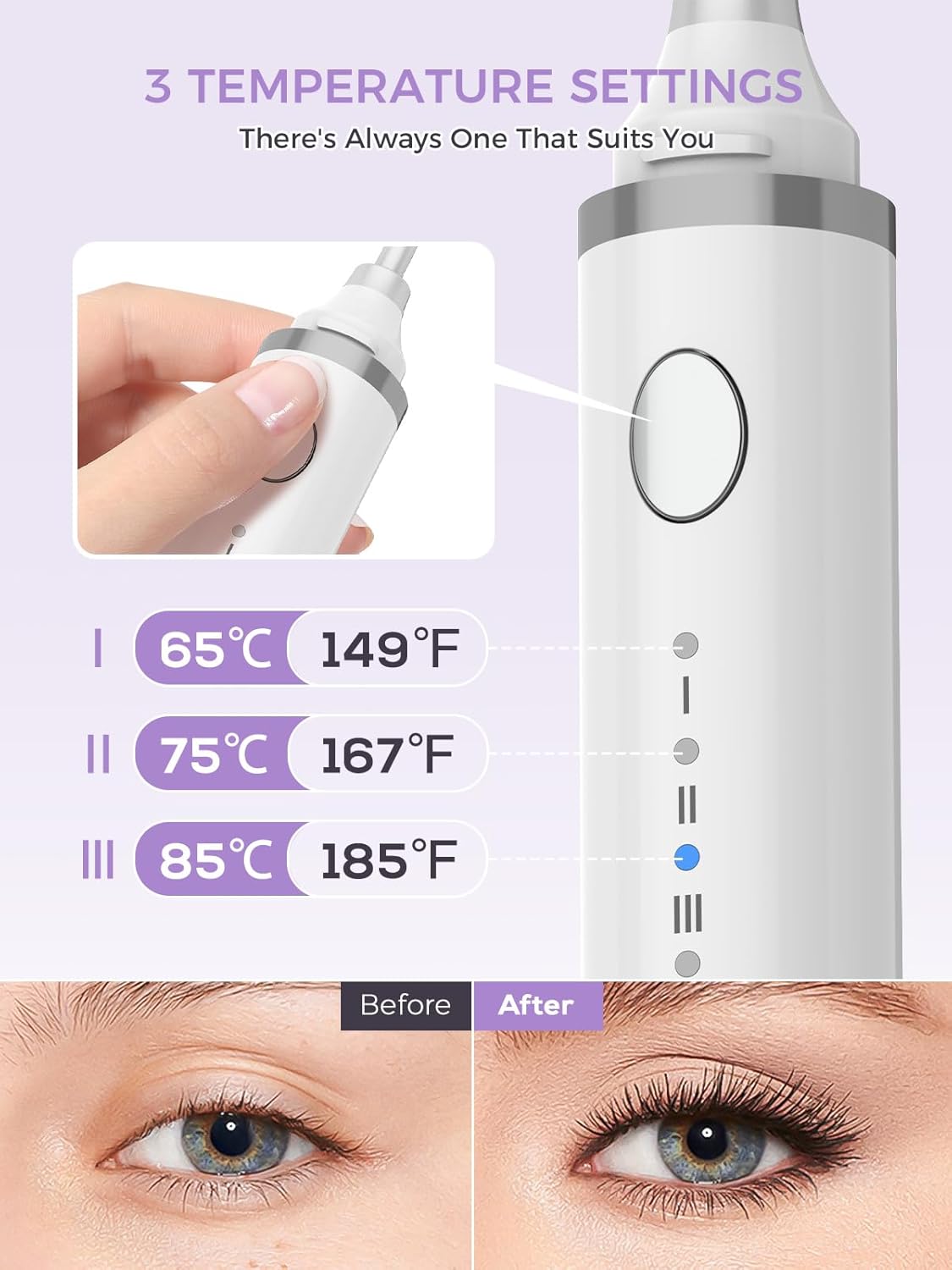 Smiling Shark Heated Eyelash Curler, 2025 New 360°Wand-Style Heated Lash Brush Rechargeable with 3 Brush Heads & 3 Temp 【Lengthen/Define/Curler】 3-in-1 Lash Curler for All Types of Lashes, White-FemmiqueWomen
