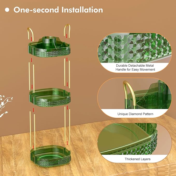 Awenia Rotating Makeup Organizer 360, Stackable Adjustable Large Capacity Cosmetic Storage Unit,Dresser Bathroom Kitchen Countertop Organizer with Metal Handle, Plus Size (Gem Green, 3 Tier)-FemmiqueWomen