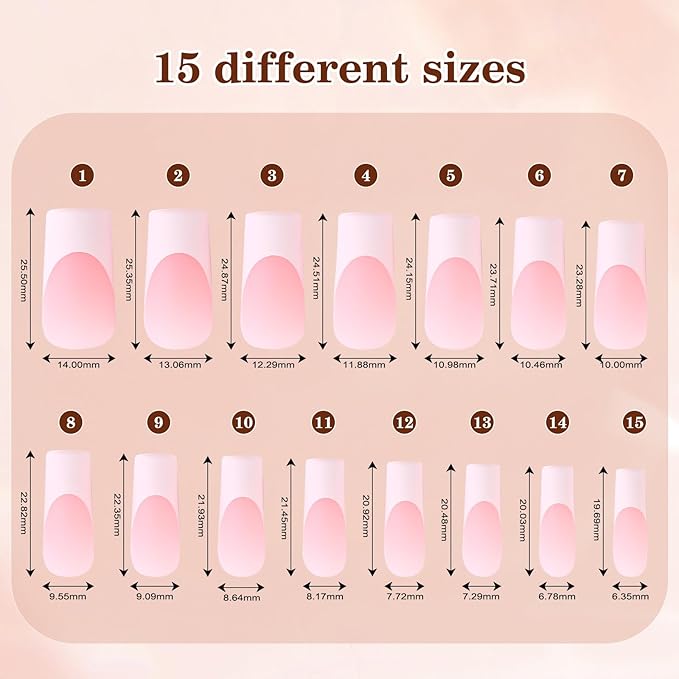 Long French Tip Press on Nails, 150pcs Soft Brown French Gel Nail Tips 15Sizes, Pre-lasting Soak Off Square Acrylic Fake Nails, No Need to File False Nail Tips Extension for Women Nail