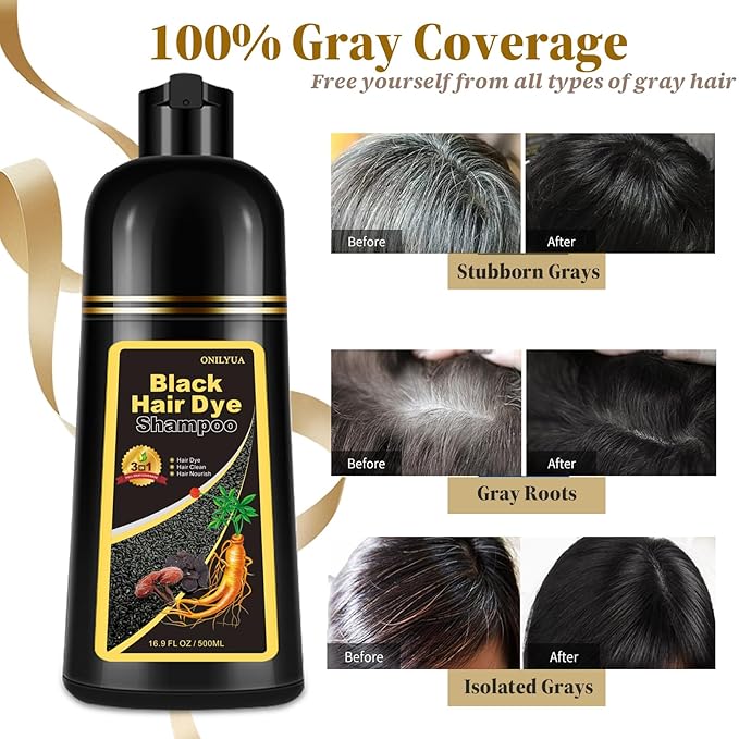 Instant Black Hair Dye Shampoo 3- in-1, 100 Percent Gray Coverage, Magic in 15 Minutes for All Types, Natural Women & Men, Color Depositing Conditioner, Easy to Use-FemmiqueWomen