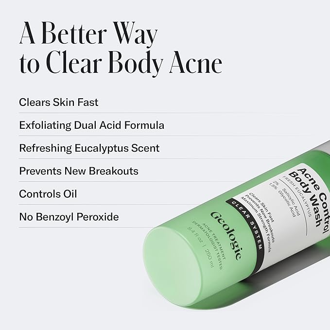 Geologie Acne Control Body Wash | Fresh Eucalyptus | 2% Salicylic Acid + 1.5% Glycolic Acid | Clears Body Acne & Prevents Breakouts | For Men & Women | No Benzoyl Peroxide | 8.4 oz-FemmiqueWomen