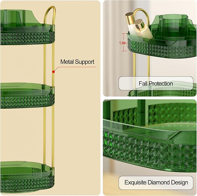Rotating Makeup Organizer for Vanity 3 Tier, Perfume Organizer with Makeup Brush Holder, Large Capacity Cosmetics Clear Skincare Organizer for Countertop (Green)-FemmiqueWomen
