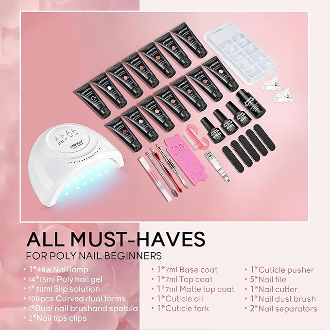 JEWHITENY 14 Colors Poly Extension Gel Nail Kit With U V Lamp Nude Pink White Brown All In One Poly Gel Starter Kit With Base Top Coat Manicure Salon Frence Nail Art DIY-FemmiqueWomen