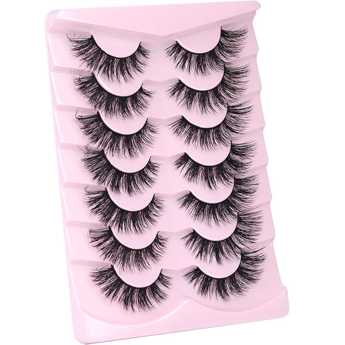 Mink Lashes False Eyelashes Natural Look Wispy Cat Eye Flat Lashes 3D Mink Lashes Natural Fake Lashes 18mm Strip Lashes Pack 7 Pairs-FemmiqueWomen