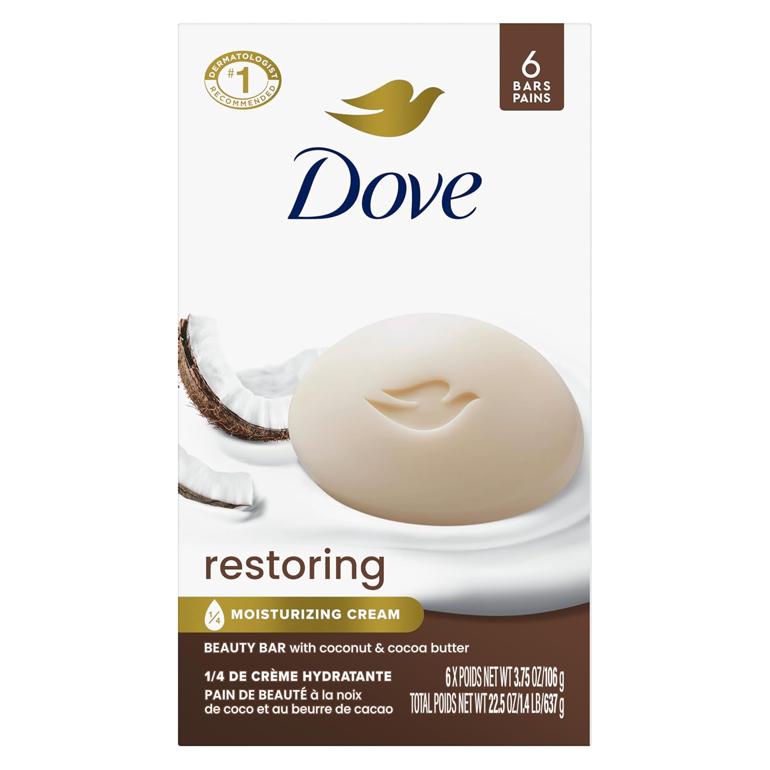 Dove Beauty Bar Soap Restoring Coconut & Cocoa Butter 6 Count for Restored Skin, Nourishes Skin 3.75 oz-FemmiqueWomen