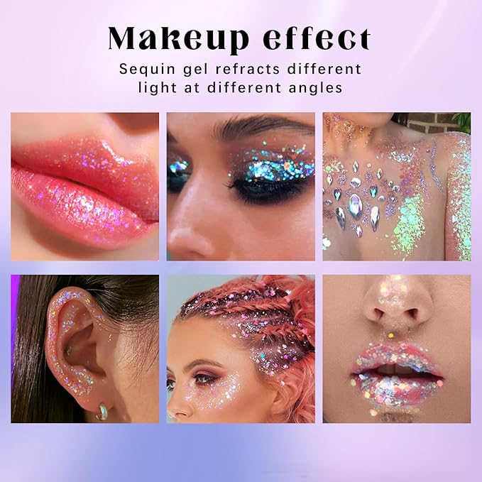 2 Colors Roll-on Body Glitter Gel, Holographic Glitter Gel Under Light for Face Hair, Body Shimmer for Rave Accessories Christmas New Year Halloween Makeup (11+13)-FemmiqueWomen