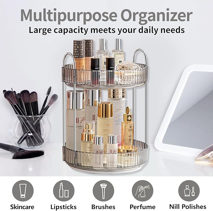 360 Rotating Makeup Organizer for Vanity,Bathroom Countertop Organizer,Spinning Perfume Organizer&Vanity Organizer(Grey-2 Tier)-FemmiqueWomen