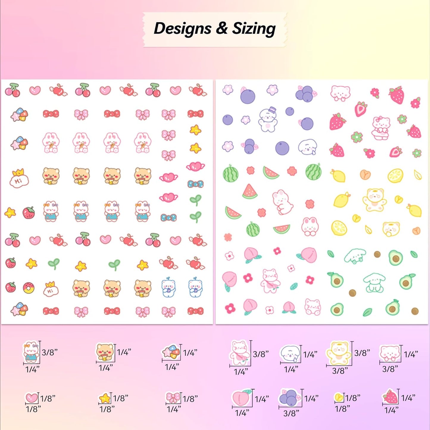 10 Sheets of 3D Nail Stickers - 719 Cute Nail Decals - Embossed Nail Stickers for Kids | Kawaii Theme - Butterfly, Flowers, Cats, Bunny, Stars, Fruits | Glow in The Dark-FemmiqueWomen