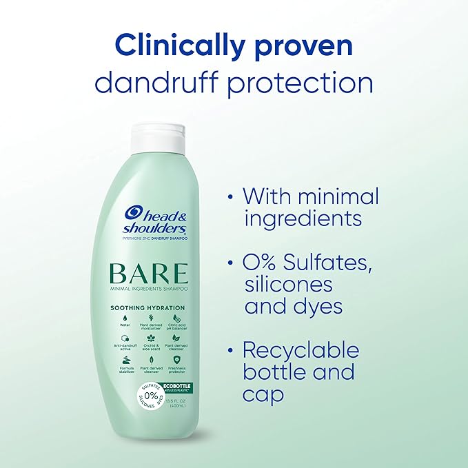 Head & Shoulders BARE Dandruff Shampoo Twin Pack, Soothing Hydration, Sulfate-Free, Silicone-Free, Dye-Free, Eco-Friendly Bottles, Safe for All Hair Types, 13.5 Fl Oz Each (Set of 2)-FemmiqueWomen