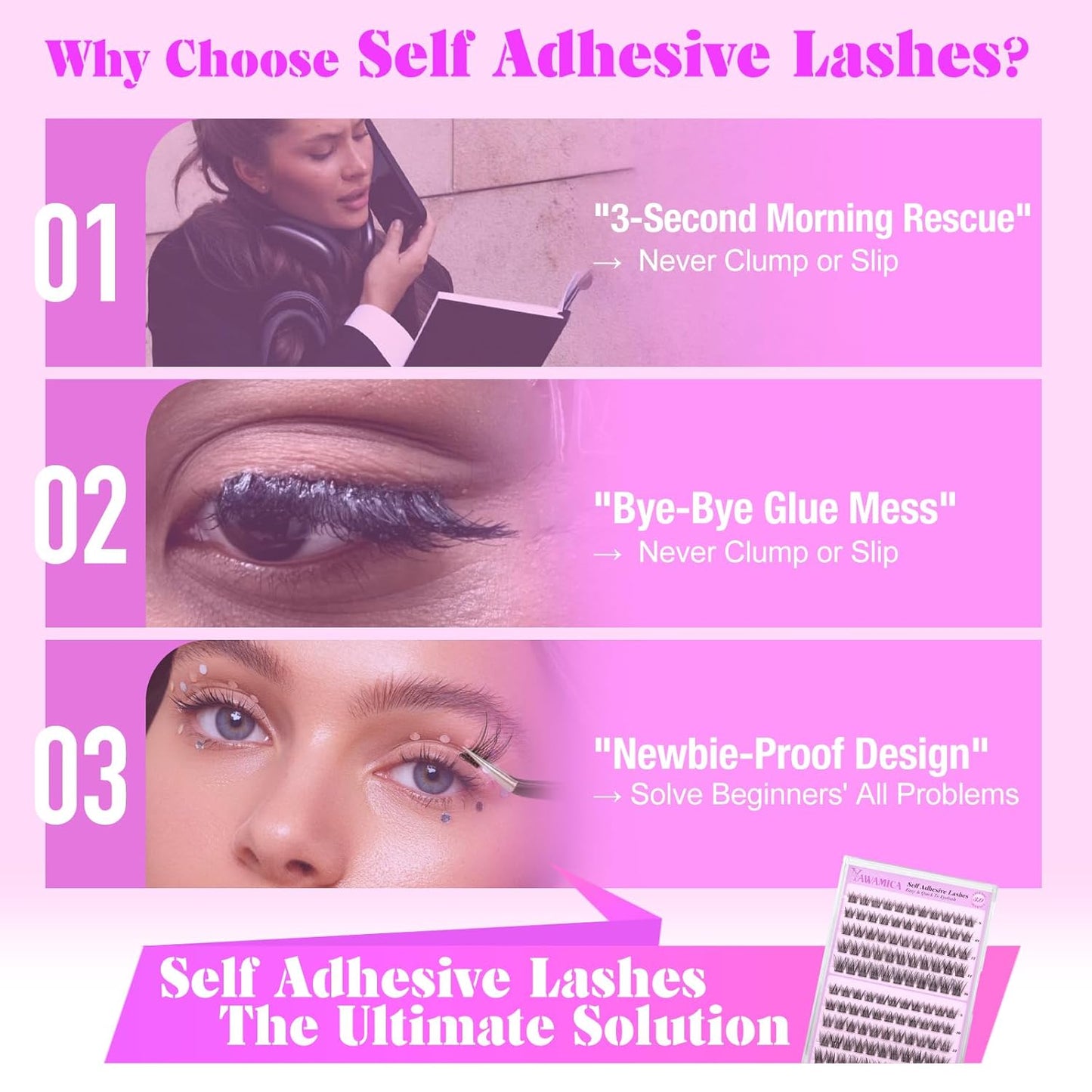 Yawamica Self Adhesive Eyelashes Wispy Lash Clusters No Glue Needed DIY Lash Extension 8-16mm Pre-Glued Eyelash Clusters Reusable Press on Lashes Natural C Curl Individual Lashes DIY Lash for Beginner-FemmiqueWomen