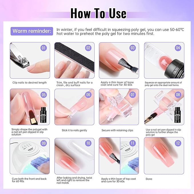 JEWHITENY Poly Gel Nail Kit 14 Colors - Yellow Nude Pink Blue Purple Glitter Tones Starter Kit with UV Lamp Base & Top Coat All-in-One Gift for Women Need U V Light Curing-FemmiqueWomen
