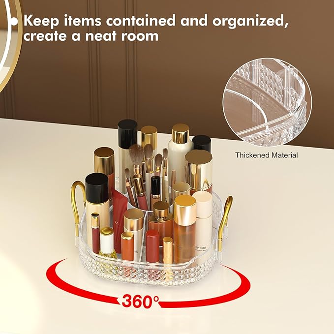 Awenia Rotating Makeup Organizer 360, Stackable Adjustable Large Capacity Cosmetic Storage Unit,Dresser Bathroom Kitchen Countertop Organizer with Metal Handle, Plus Size (Clear, 1 Tier)-FemmiqueWomen