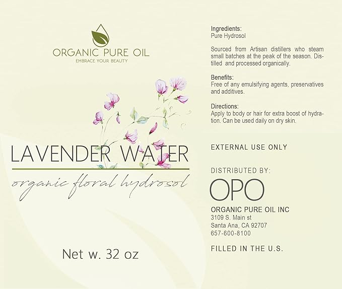 Lavender Water Hydrosol - Pure Steam Distilled Natural Non GMO Calming Bulk Body, Face, Facial Toner, Aromatherapy, Set Makeup, Cleanser Mist Spritz - 32oz - OPO-FemmiqueWomen