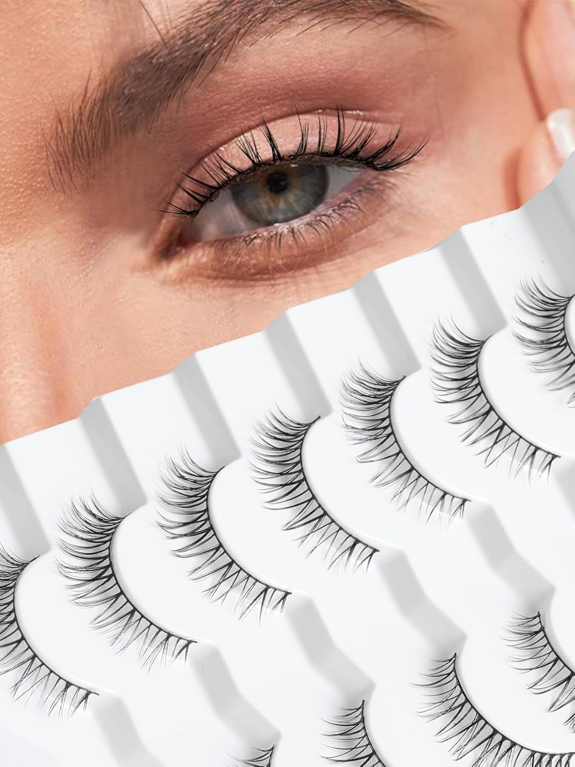 Natural Lashes Eyelashes 10mm Short Mink Lashes Wispy Eyelashes Thinner Band 3D Volume Cat Eye Lashes C Curl False Lashes 7 Pair by Siligli-FemmiqueWomen