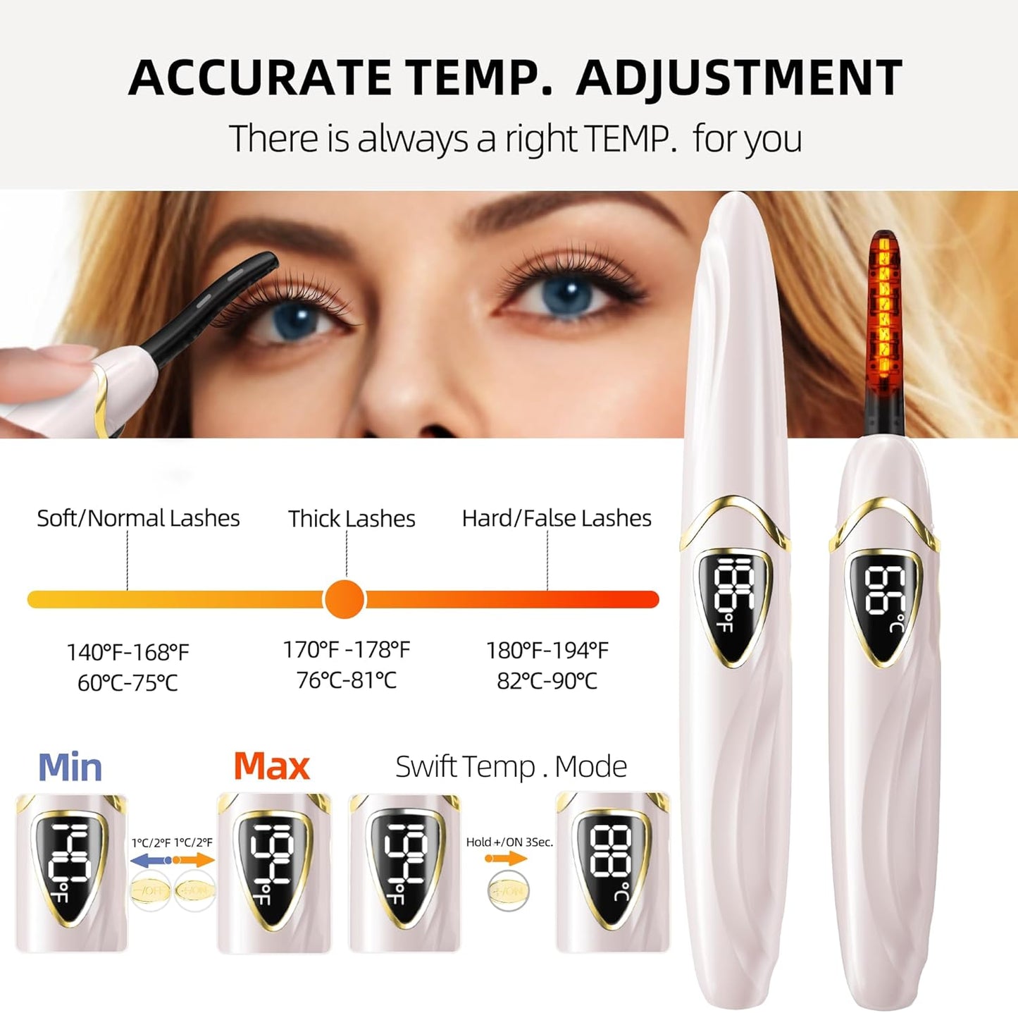 ZAPAL Heated Eyelash Curler, S600 Rechargeable Heated lash Curler, Intelligent Power Off Electric Eyelash Curler Heated Quickly 24 Hs Lasting Natural Makeup for Woman (Petal Pink/Gold, S600-148MM)-FemmiqueWomen