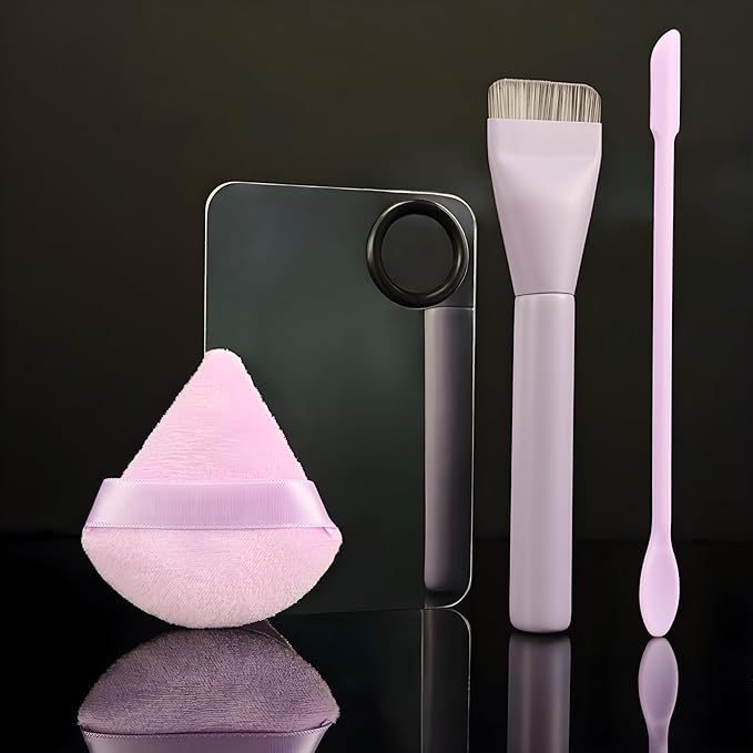 Makeup Brush Set - Flat Foundation Brush, Blender Sponge, Face Spatula, Puff & Heart-Shaped Mixing Palette with Leather Case – Complete Face Makeup Tool Kit for Blending, Foundation & Application-FemmiqueWomen