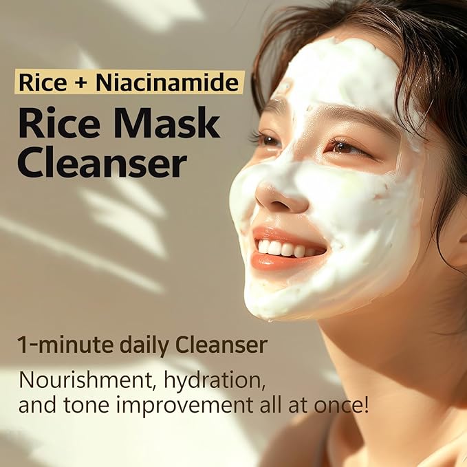 Rice Mask Cleanser 6.76 fl oz - Glow-Boosting & Hydrating Face Wash with Jeju Rice & Natto Gum, Gentle Exfoliating Daily Foam Cleanser, Deep Pore Cleansing, Non-Irritating- Korean Skin Care-FemmiqueWomen