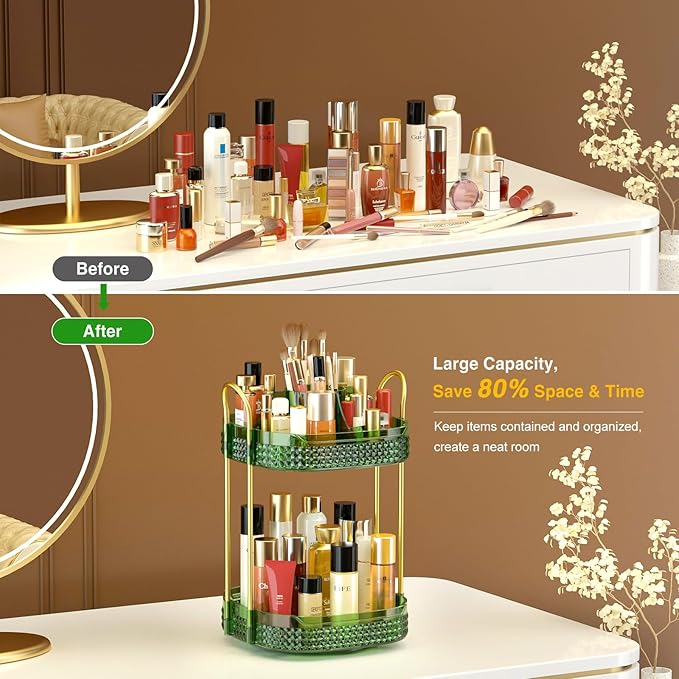 Awenia Rotating Makeup Organizer 360, Stackable Adjustable Large Capacity Cosmetic Storage Unit,Dresser Bathroom Kitchen Countertop Organizer with Metal Handle, Plus Size (Gem Green, 2 Tier)-FemmiqueWomen