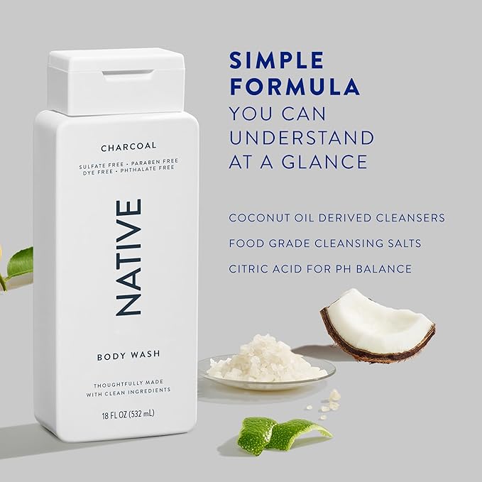 Native Body Wash Contains Naturally Derived Ingredients | For Women & Men, Sulfate, Dye, & Paraben Free Leaving Skin Soft and Hydrated | Charcoal 18 oz - 2 Pk-FemmiqueWomen