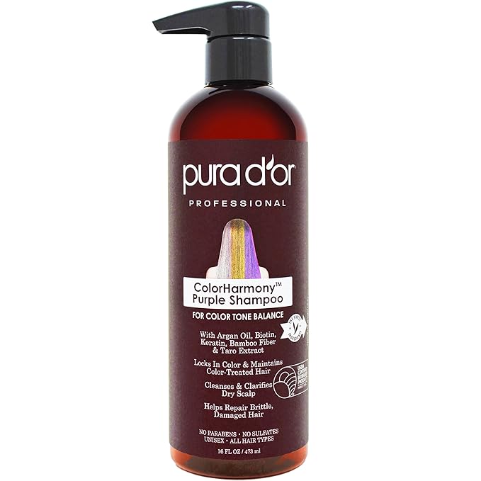 PURA D'OR 16 Oz ColorHarmony Purple Shampoo For Bleached, Blonde, Silver & Color Treated Hair - Keratin, Bamboo Fiber, No Sulfates, Select Natural Ingredients - Men & Women-FemmiqueWomen
