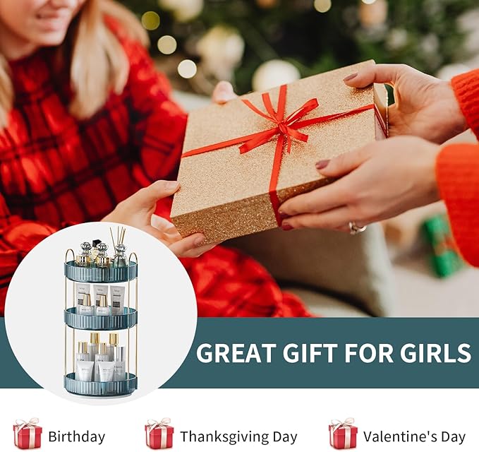 360° Rotating Makeup Organizer, Bathroom Organizers and Storage Holder Rack, Large Capacity Vanity Shelf Countertop, Fits Cosmetics, Perfume, Skin Care(Blue, 3 Tiers)-FemmiqueWomen