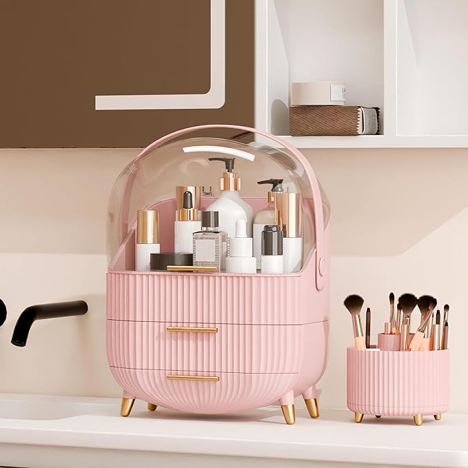 Makeup Organizers and Storage Make up Organizer for Vanity Cosmetics Skincare With Lid and Drawers Display Cases for Countertop Bathroom Women Teenager Girl Gifts(Pink+Brush Holder)-FemmiqueWomen